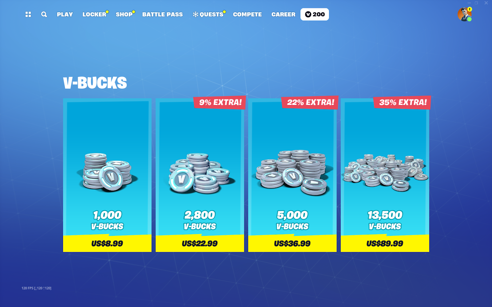 Fortnite V-Bucks in the ingame store