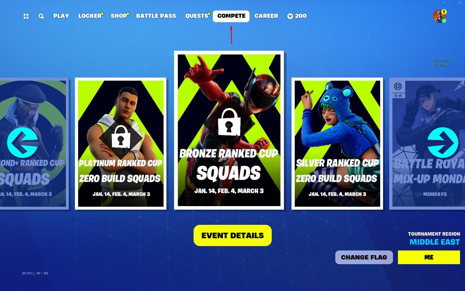 Fortnite tournaments home screen